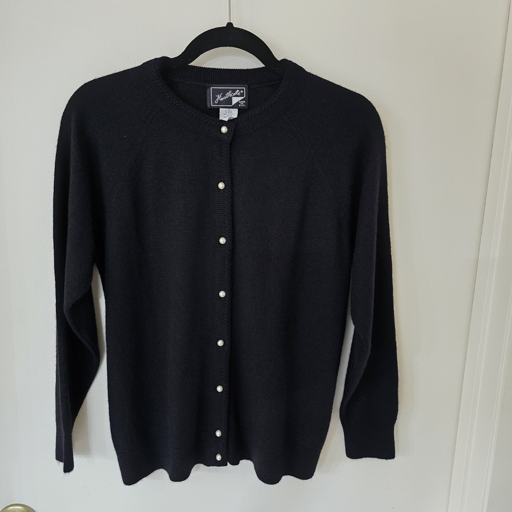 Classic Black Pearl-Button Cardigan Sweater